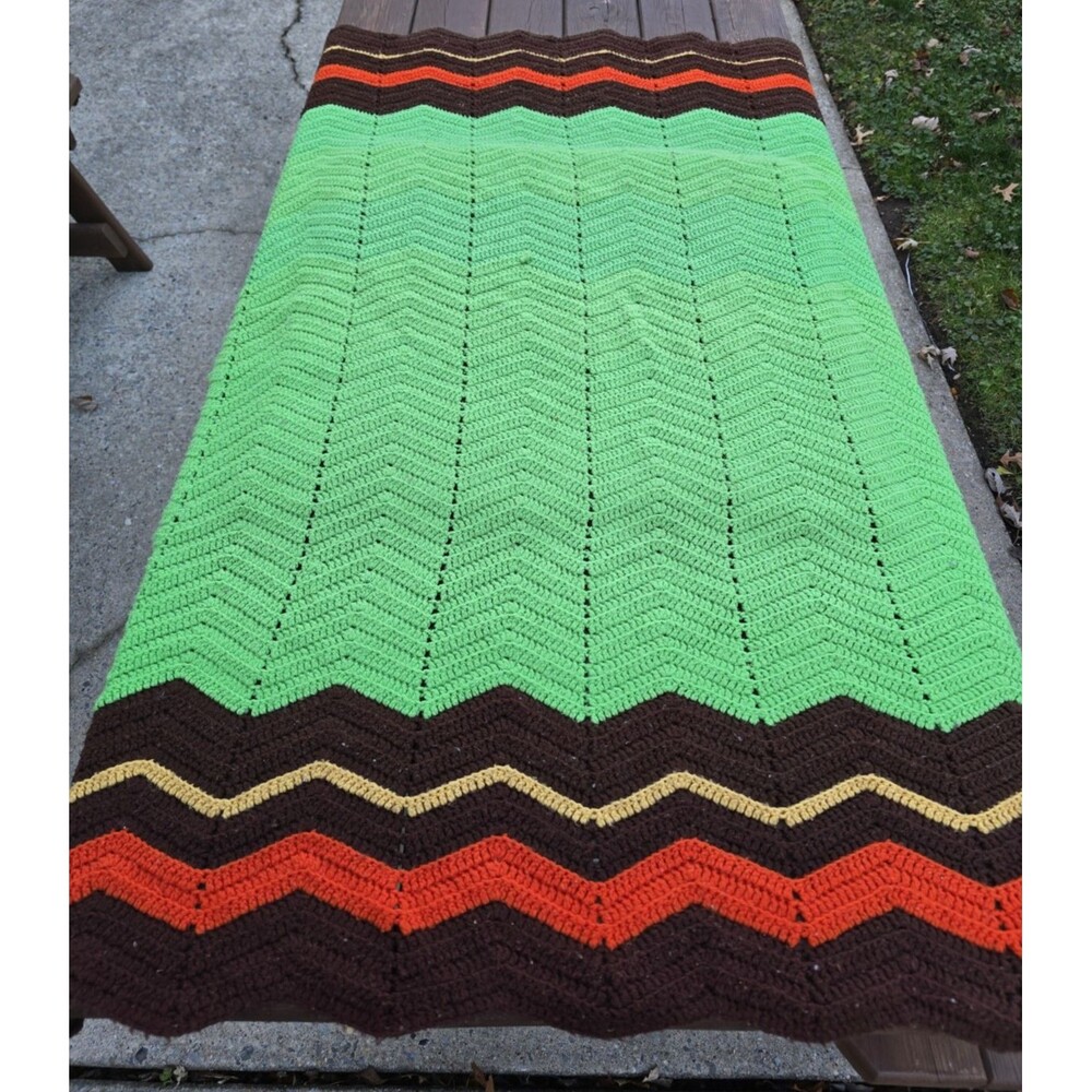 Vtg Handmade Chevron Crochet Blanket Throw 42”x60” Vintage Green Brown Orange